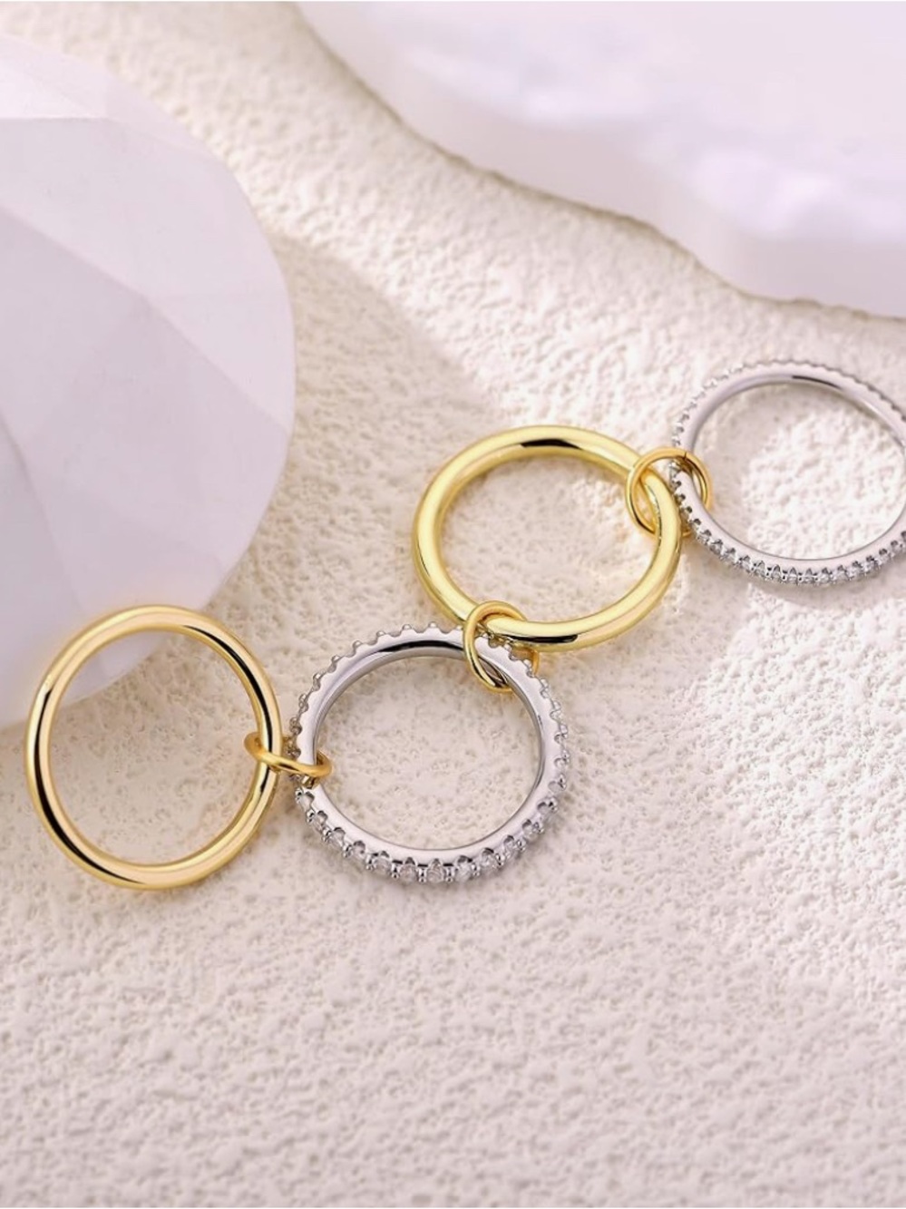 Hypoallergenic two color Elegant Gold and Silver Diamond Stackable Ring Set - Picture 2 of 4